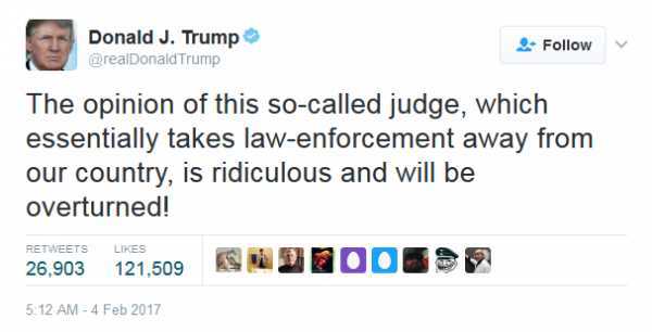 特朗普移民禁令遭暂缓 推特回击裁决法官