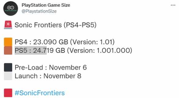 《索尼克：未知边境》曝PS5版容量：11月6日开启预加载