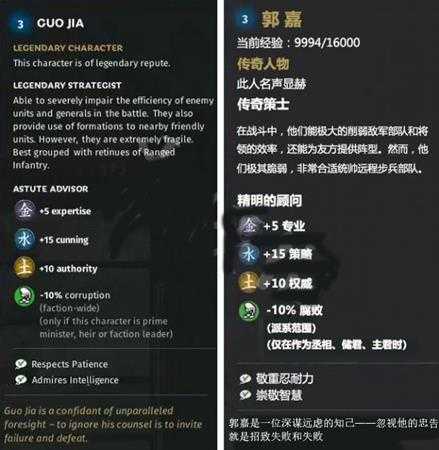 《全面战争：三国》水属性角色郭嘉先天属性一览