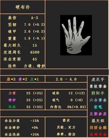 《太吾绘卷》拳指手套-硬布朴属性图鉴分享