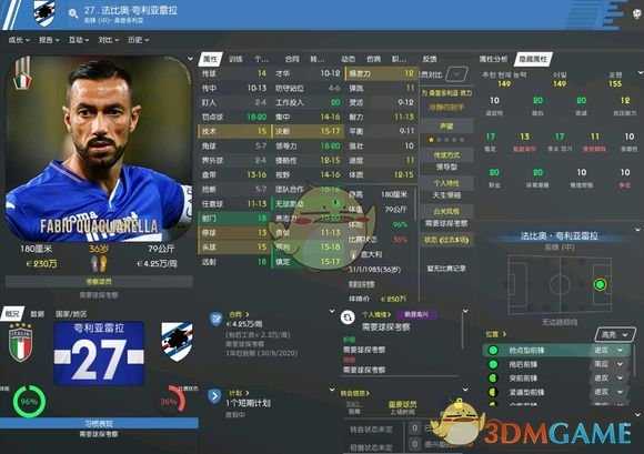 《足球经理2020》法比奥夸利亚雷拉属性介绍一览