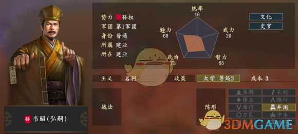 《三国志14》韦昭五维属性图一览