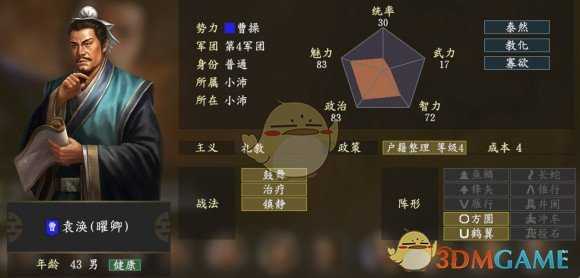 《三国志14》袁涣五维属性图一览