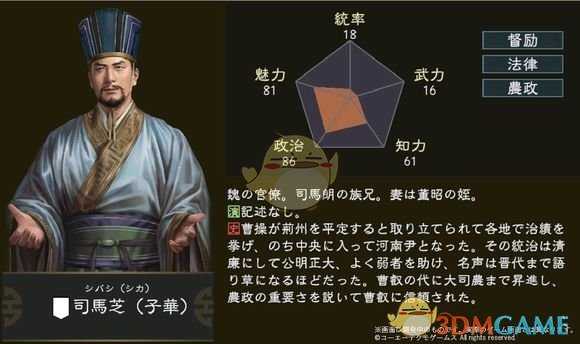 《三国志14》司马芝五维属性图一览