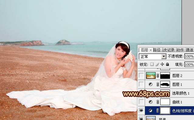 Photoshop将沙滩美女婚片调制出柔美的青黄色效果