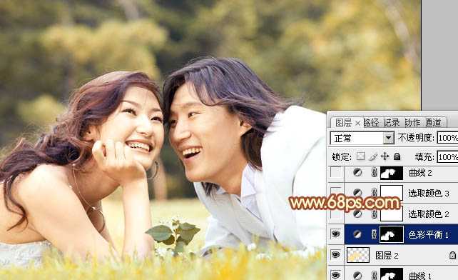 Photoshop将草地上的情侣图片增加上暖暖的棕黄色