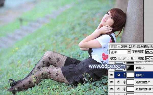 Photoshop为草地美女图片打造唯美的韩系青蓝色