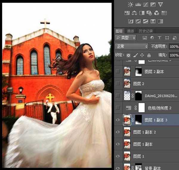 Photoshop为建筑婚片磨皮打造大气的暗冷色复古效果