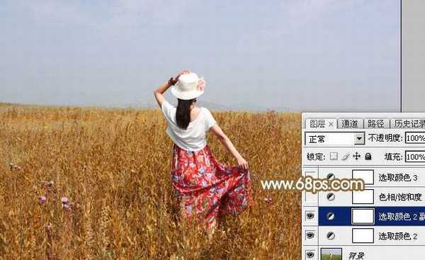 Photoshop给田野中的美女调制出流行的秋季青红色