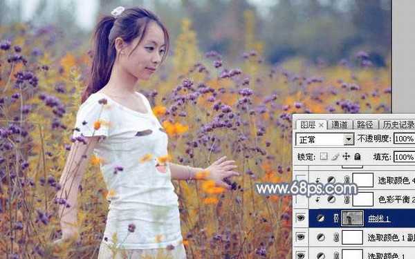 Photoshop为花丛中的美女加上秋季澄黄紫色