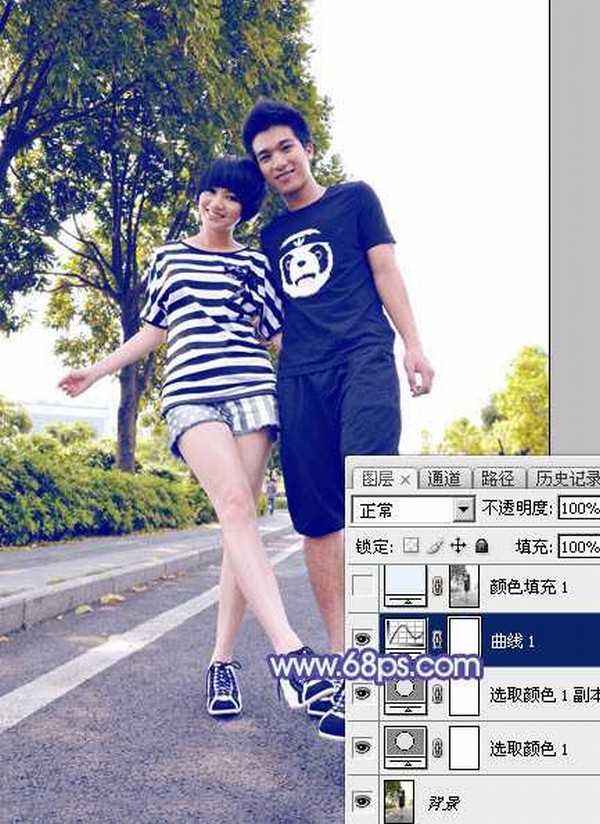 Photoshop为街道情侣图片增加梦幻的蓝色调