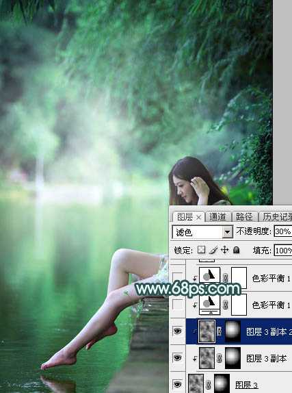 Photoshop调制出清新甜美的青绿色湖边人物图片