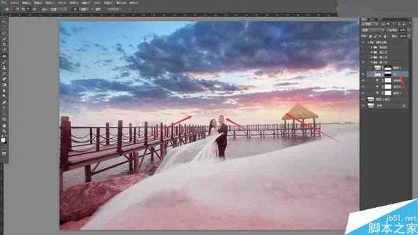 Photoshop给外景婚片添加唯美的夕阳云彩效果