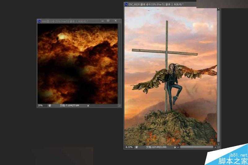 Photoshop给十字架上天使照片添加火焰燃烧的特效