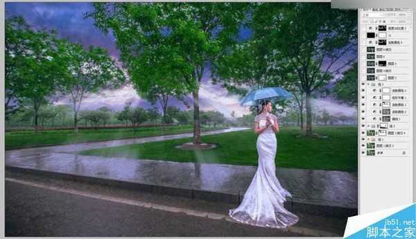 Photoshop给外景婚纱照片添加逼真的雨景效果