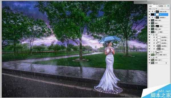 Photoshop给外景婚纱照片添加逼真的雨景效果