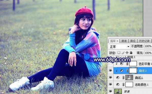 Photoshop为草地人物图片打造出淡调韩系蓝黄色