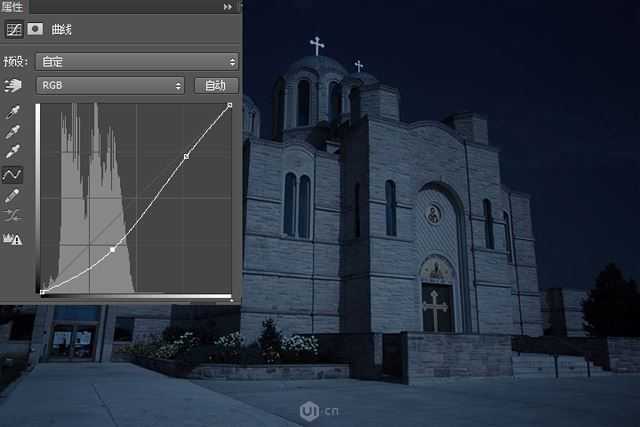 ps怎样把白天教堂图片调成黑夜的效果?